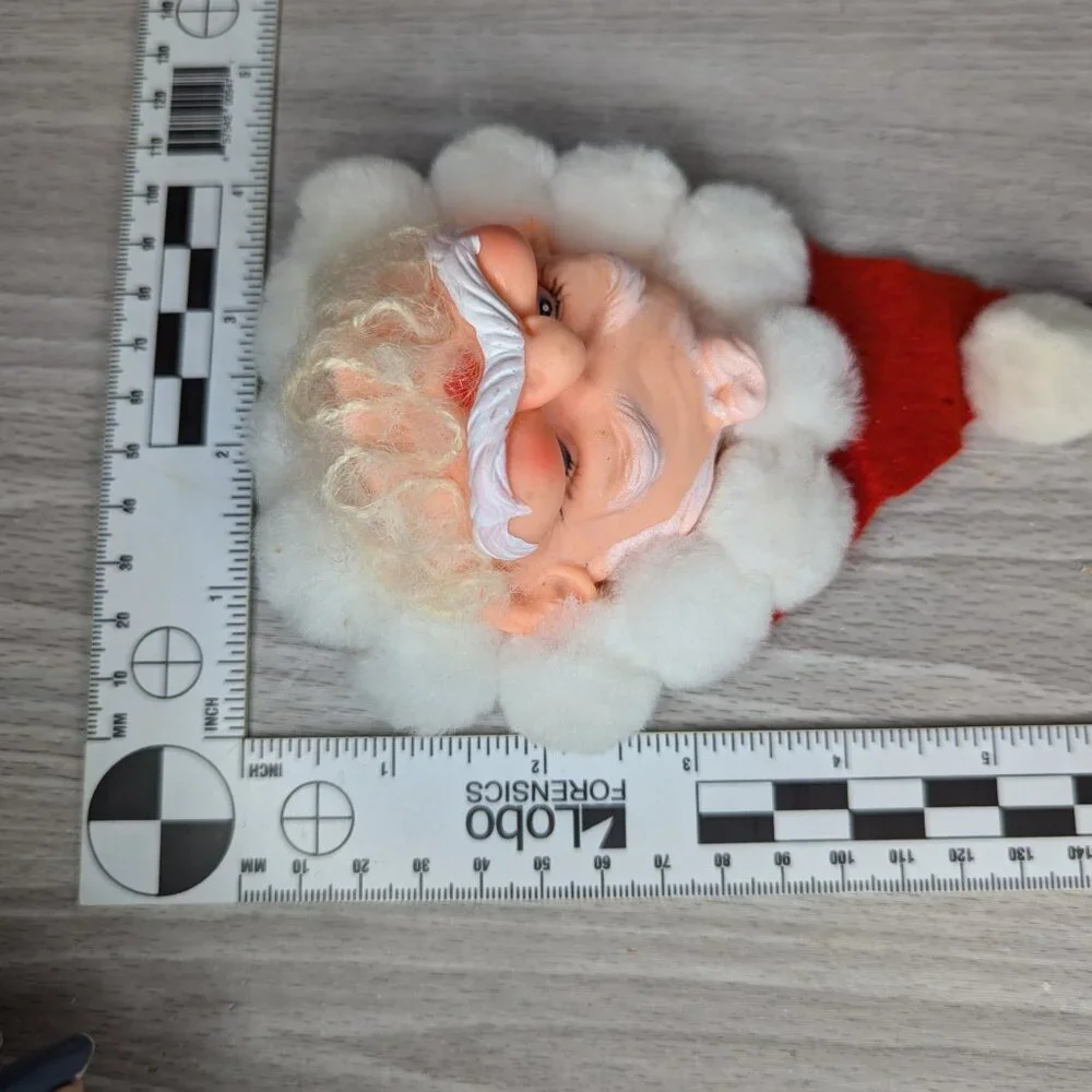 Vintage Vinyl/Hard Plastic Santa Face Ornaments with Fuzzy Beards and Hat Set 2